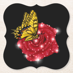 Schmetterling auf rote Rose mit Sternen und Regent Untersetzer