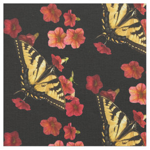 Schmetterling auf rotem Blumen-Gewebe Stoff