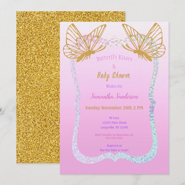 Schmetterling Baby Dusche Rosa und Gold Glitzer Einladung (Vorne/Hinten)