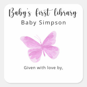 Schmetterling Baby Shower Buch-Exlibris, Bücher fü Quadratischer Aufkleber