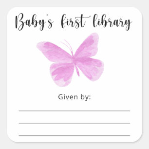 Schmetterling Baby Shower Buch-Exlibris, Bücher fü Quadratischer Aufkleber