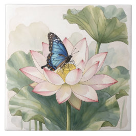 Schmetterling Blauschwalbenschwanz mit Lotusblüten Fliese