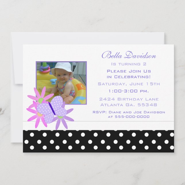 Schmetterling, Blume und Polka Dot Party Einladung (Vorderseite)