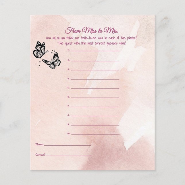 Schmetterling Brautparty Age Game (Vorderseite)