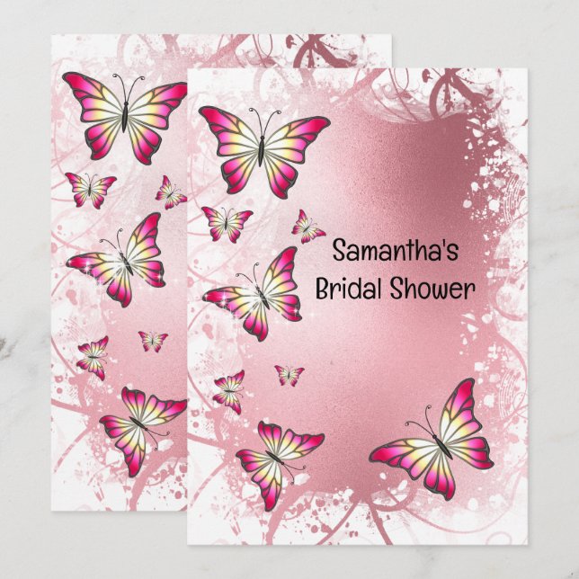 Schmetterling Brautparty Aquarell Rose Rosa Gold Einladung (Vorne/Hinten)