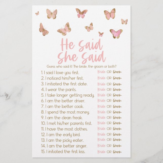 Schmetterling Er sagte, sie sagte Brautparty Game Briefpapier (Vorderseite)