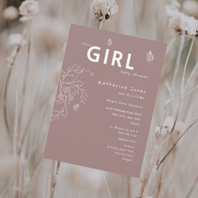 Schmetterling Es ist eine Mädchen Mauve Baby Dusch Einladung (Von Creator hochgeladen)