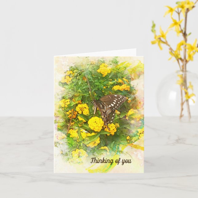 Schmetterling gegen gelbe Blumen Denken Sie an Sie Karte (Gelbe Blume)