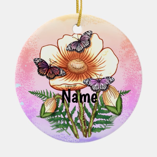 Schmetterling Gelber Mohn  Keramik Ornament (Vorne)