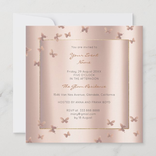 Schmetterling Grau Orientalischer Rose Pinienrosa  Einladung (Vorderseite)