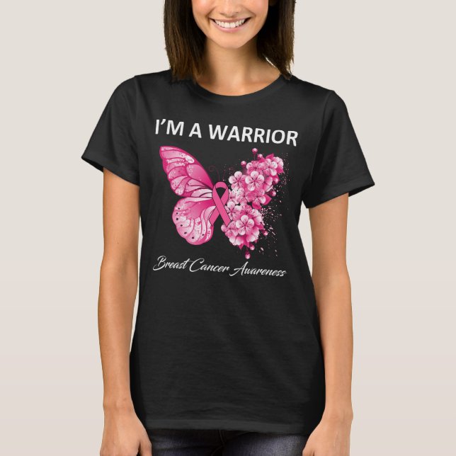 Schmetterling Ich bin ein Krieger-Brustkrebs-Bewus T-Shirt (Vorderseite)