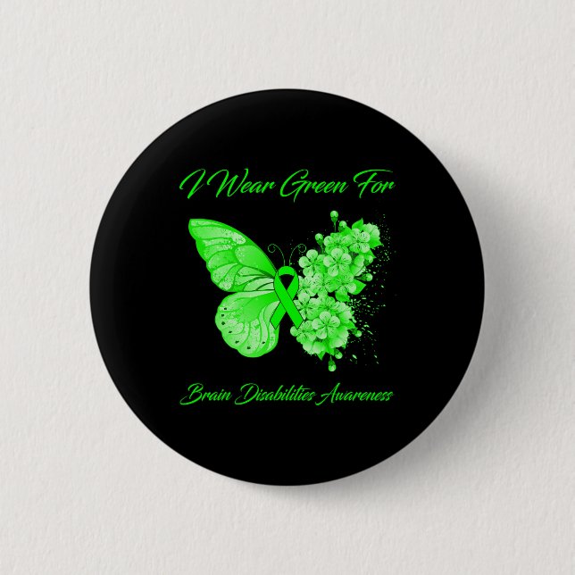 Schmetterling ich trage Grün für Gehirnbehinderung Button (Vorderseite)