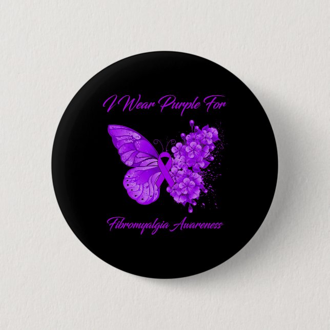 Schmetterling Ich trage Lila für Fibromyalgie Button (Vorderseite)