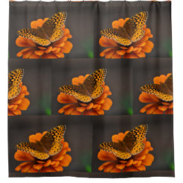 Schmetterling im Orange Zinnia-Muster Duschvorhang