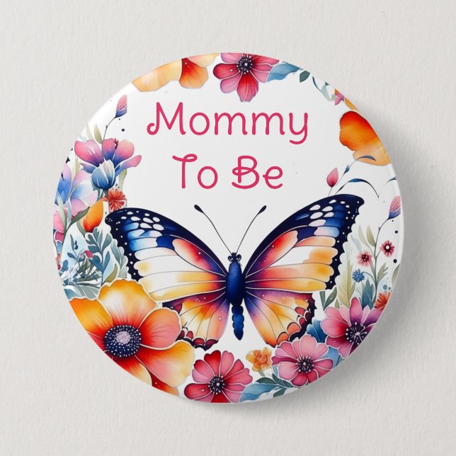 Schmetterling in Blume Girl's Baby Shower Mama zu  Button (Vorderseite)