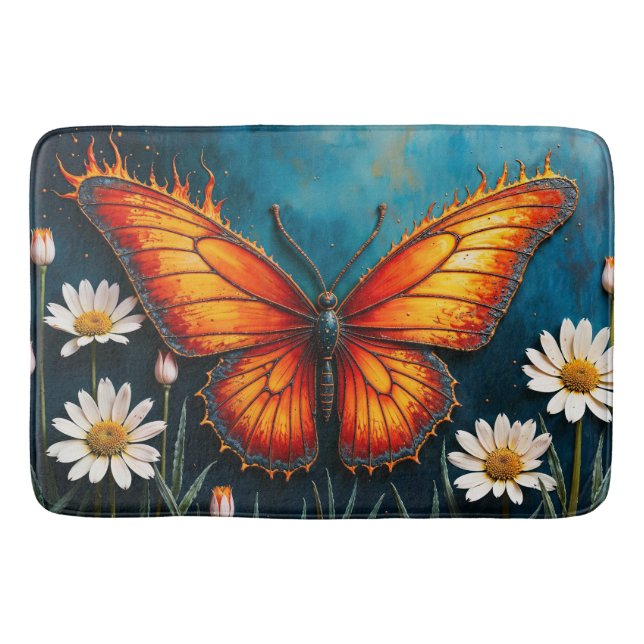 Schmetterling in Flammen Fantasie weiße Kamillenku Badematte (Vorderseite)
