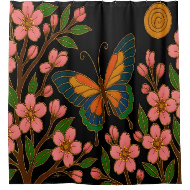 Schmetterling Kirschblüten Mond Duschvorhang (Vorderseite)