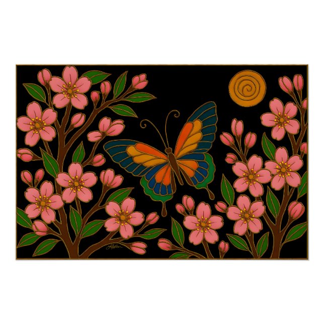 Schmetterling Kirschblüten Mond Poster (Vorderseite)