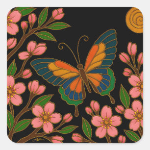 Schmetterling Kirschblüten Mond Quadratischer Aufkleber