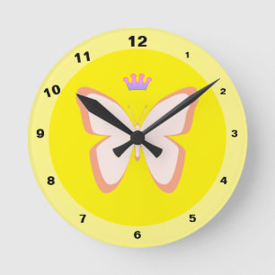 Schmetterling & Kronen - Kinderuhr für Prinzessinn Runde Wanduhr