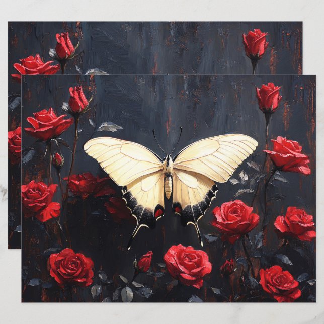 Schmetterling Lebhafte Rote Rosen Scrapbook Papier (Vorne/Hinten)