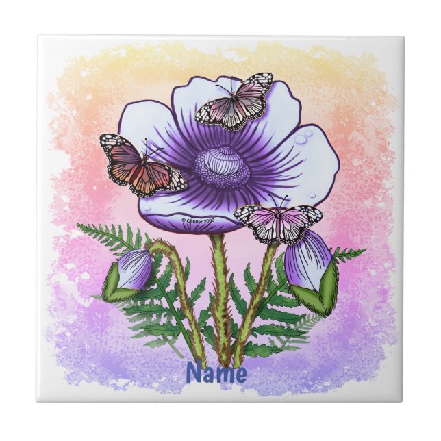 Schmetterling lila Mohn  Fliese (Vorderseite)