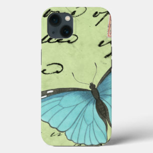 Schmetterling mit blauen Flügeln auf Türkis-Postka iPhone Hülle
