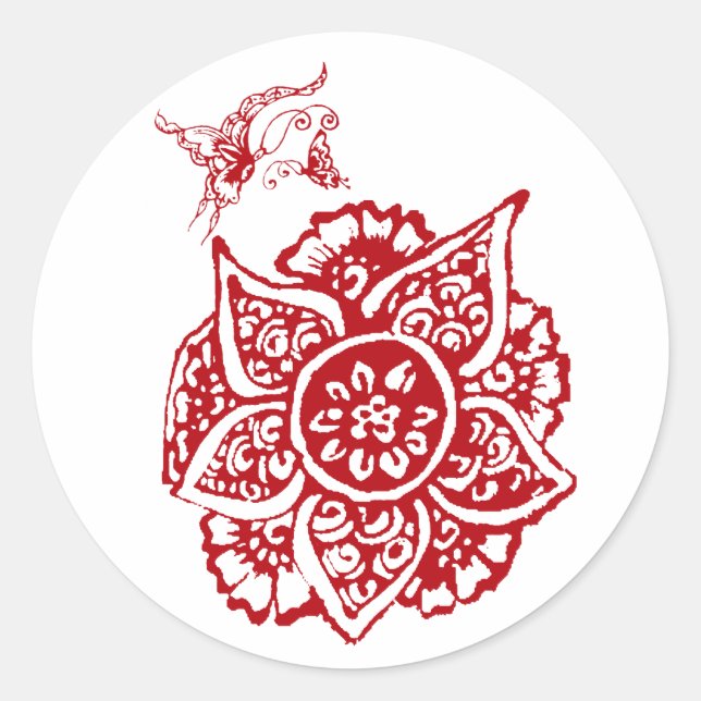 Schmetterling mit Blume(Henna)(rot) Runder Aufkleber (Vorderseite)