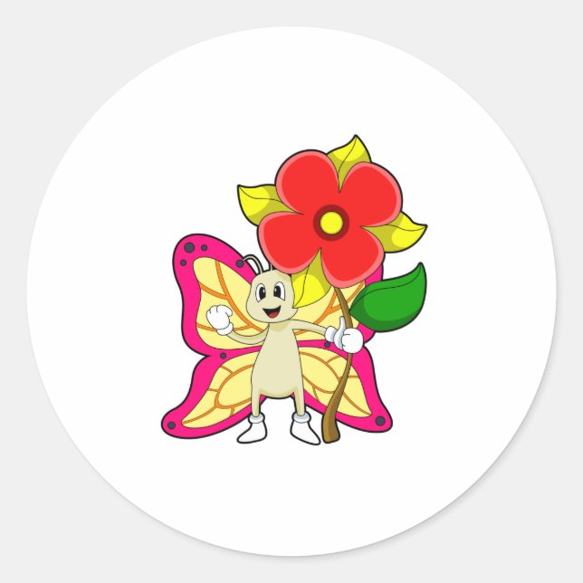 Schmetterling mit Blume Runder Aufkleber (Vorderseite)