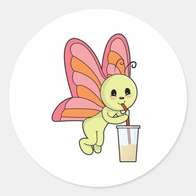 Schmetterling mit Drink & Drink Stroh Runder Aufkleber (Vorderseite)
