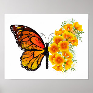 Schmetterling mit gelbem Kalifornischen Klatschmoh Poster