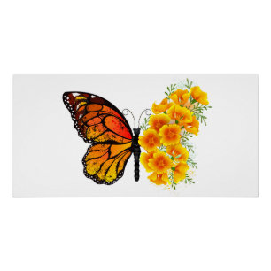 Schmetterling mit gelbem Kalifornischen Mohn Poster