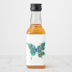 Schmetterling mit grünen Pfauenfedern Alkoholflaschenetikett