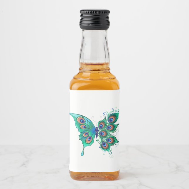 Schmetterling mit grünen Pfauenfedern Alkoholflaschenetikett (Vorderseite)