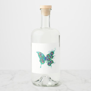 Schmetterling mit grünen Pfauenfedern Alkoholflaschenetikett