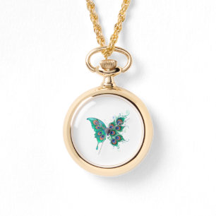 Schmetterling mit grünen Pfauenfedern Armbanduhr