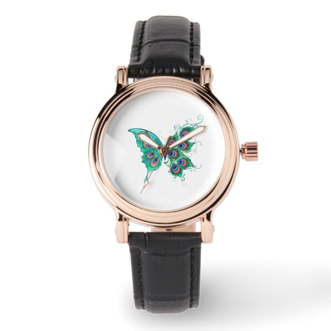 Schmetterling mit grünen Pfauenfedern Armbanduhr (Vorderseite)