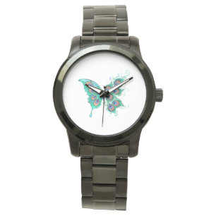 Schmetterling mit grünen Pfauenfedern Armbanduhr