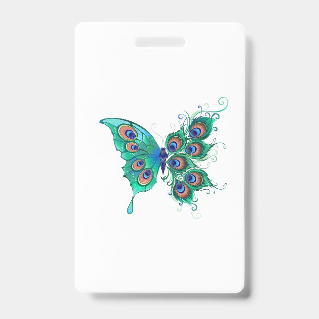 Schmetterling mit grünen Pfauenfedern Ausweis (Vorderseite)
