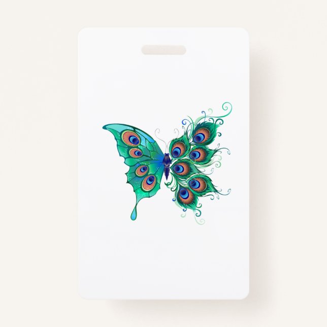 Schmetterling mit grünen Pfauenfedern Ausweis (Vorderseite)