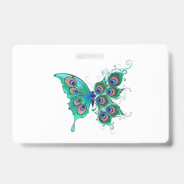 Schmetterling mit grünen Pfauenfedern Ausweis (Vorderseite)
