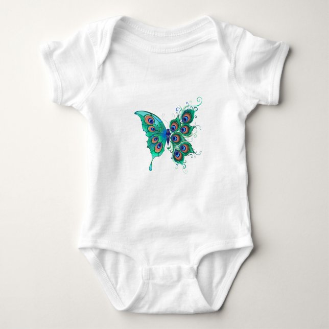 Schmetterling mit grünen Pfauenfedern Baby Strampler (Vorderseite)