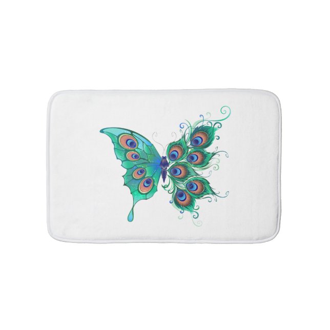 Schmetterling mit grünen Pfauenfedern Badematte (Vorderseite)