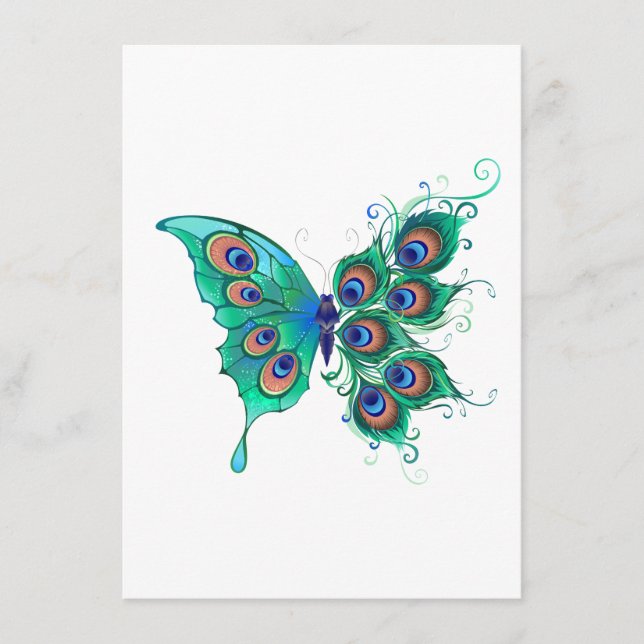 Schmetterling mit grünen Pfauenfedern Begleitkarte (Vorderseite)