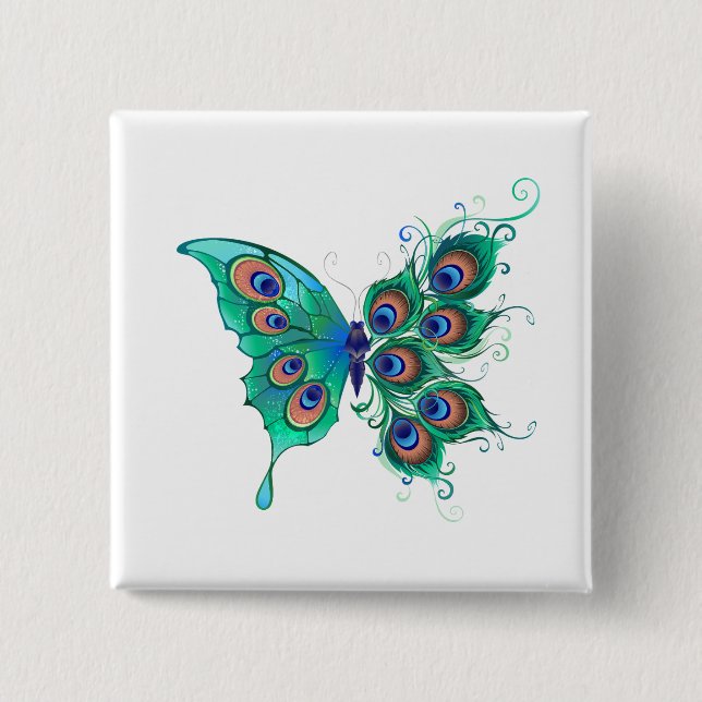 Schmetterling mit grünen Pfauenfedern Button (Vorderseite)