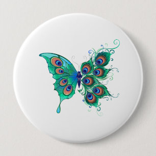 Schmetterling mit grünen Pfauenfedern Button
