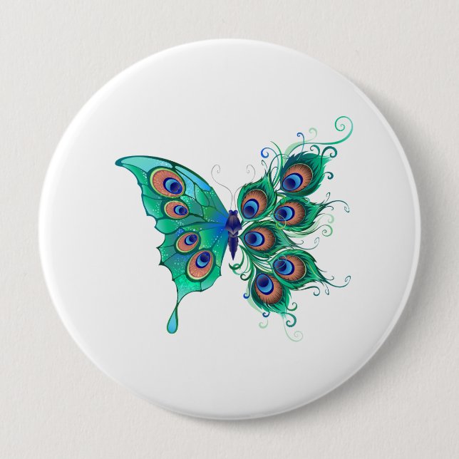 Schmetterling mit grünen Pfauenfedern Button (Vorderseite)