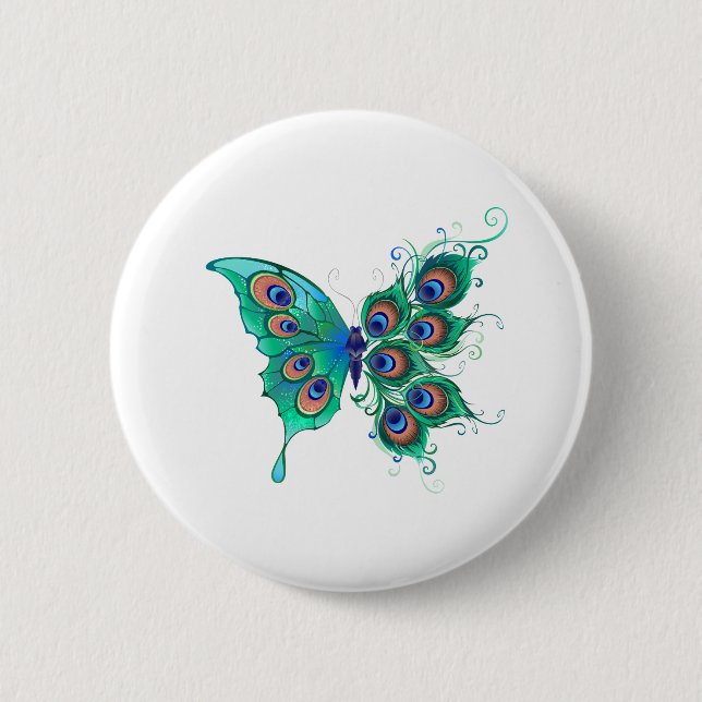 Schmetterling mit grünen Pfauenfedern Button (Vorderseite)