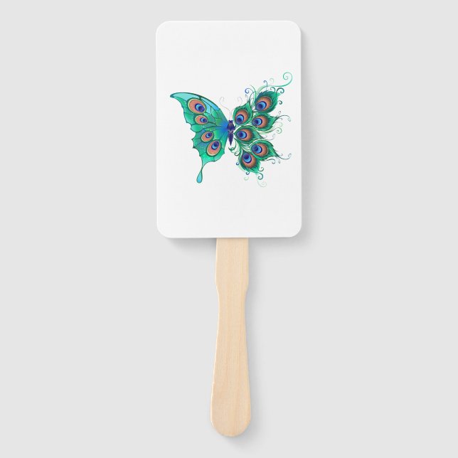 Schmetterling mit grünen Pfauenfedern Fächer (Vorderseite)