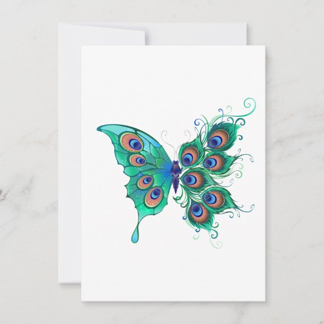 Schmetterling mit grünen Pfauenfedern Feiertagskarte (Vorderseite)